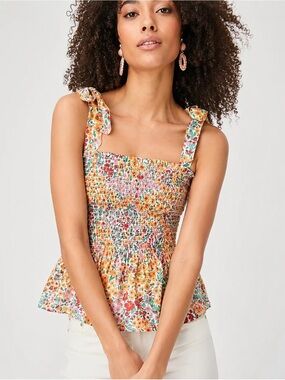 J.Crew Smocked Floral Tie-Strap Peplum Tank Top NWT XS